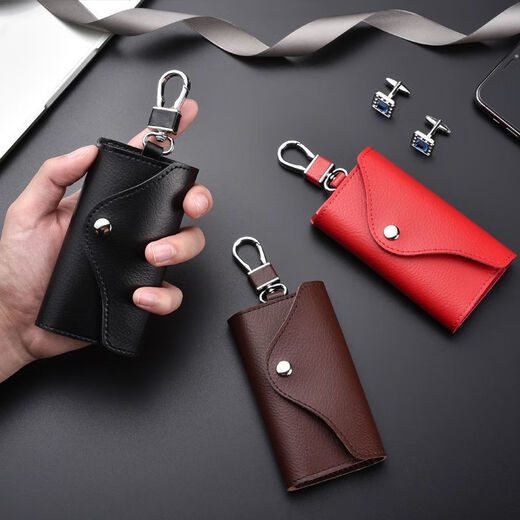 Cowhide key bag for men, large-capacity, multi-functional, universal car key chain, women's waist hanging, compact household key bag, buckle version - black - 6 key positions