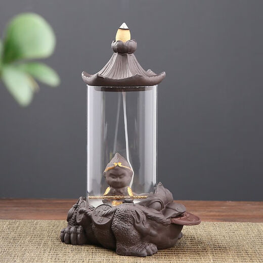 American and foreign new Chinese Zen backflow incense burner, glass cover, windproof, indoor household ornaments, sandalwood, agarwood, smoke, Pixiu base - praying for the great sage, artificial random installation - E