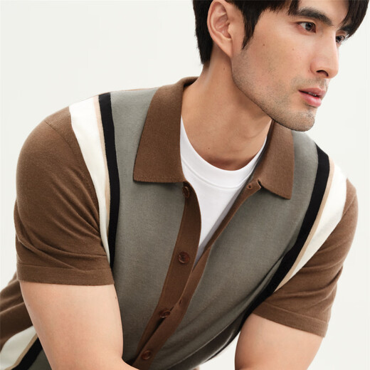 Ordos 1980 wool small lapel striped short-sleeved men's knitted cardigan 18316 brown L 175/96A