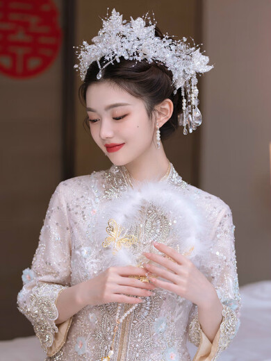 YUERANXINDONG bridal headwear new retro crown super fairy Chinese palace ancient style tassel hair accessories Xiuhe costume wedding accessories model 5-piece set (ear clip style)