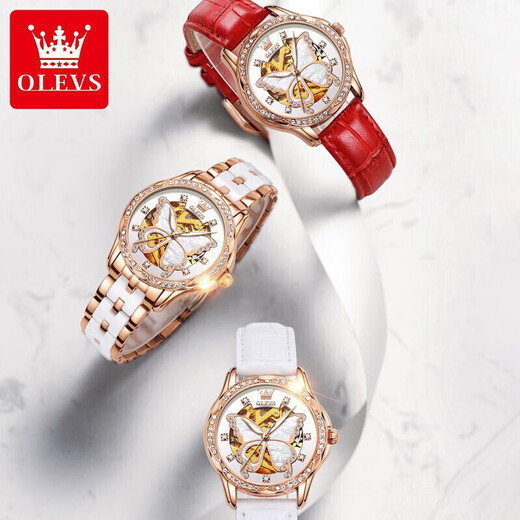 OLEVS Swiss certified watch women's fully automatic mechanical watch luminous waterproof hollow women's watch fashion fashion women's watch OLEVS6622 women's ceramic white surface free engraving