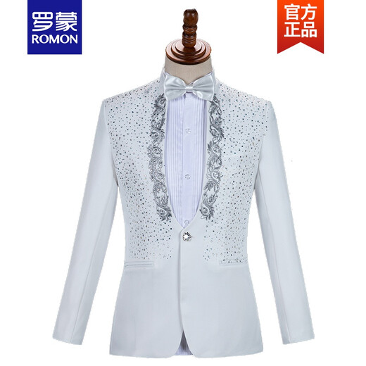 ROMON light luxury performance clothing male adult stand-up collar sequined singer host clothing stage chorus men's dress suit new product white buy jacket + pants + bow tie 185/96A