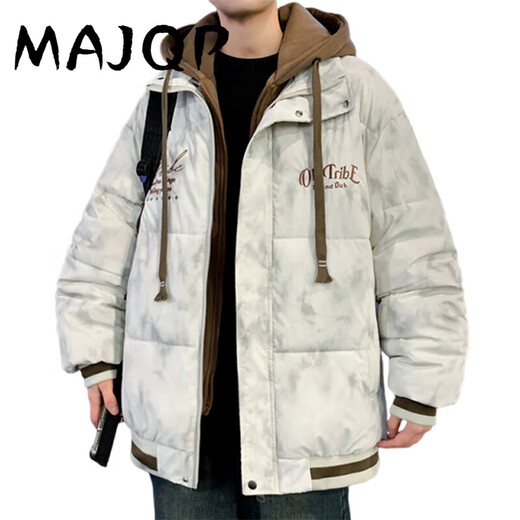 MAJQP Cotton Jutk Men 2024 Зимняя новая утолщенная теплая фальшивая двухсекционная хлопчатобумажная куртка мужчина молодежная модная бренда с капюшоном с капюшоном 6626 серо-белый L около 90-115 Jin [Jin равняется 0,5 кг] может быть носить