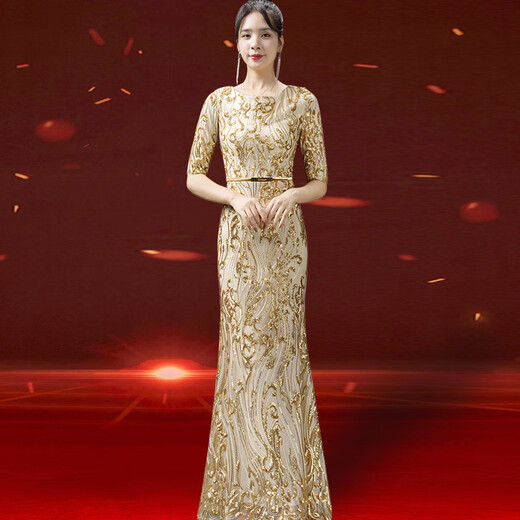 2025 new autumn style grandma-in-law wedding banquet dress high-end noble young foreign temperament high-end wedding mother evening dress gold M