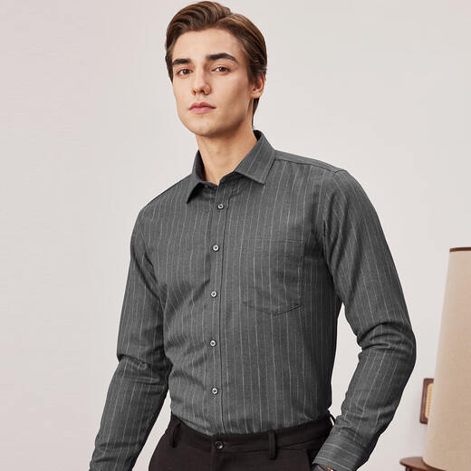 杉杉【羊毛内胆】衬衫男长袖秋冬商务休闲磨毛保暖色织条纹翻领衬衣