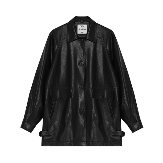 fano studios范洛Fano 2025秋季新款复古翻领黑色环保pu皮衣机车服夹克外套女 黑色 S