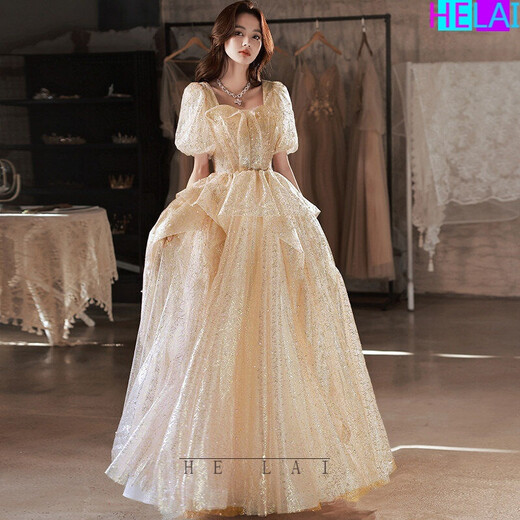 Helai@Dresses for women's party evening dresses for women's annual party evening dresses for women 2022 new style banquet elegant temperament can usually wear puffy skirts host art exam skirt champagne color M