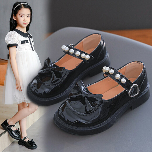 
Xin Yueqing girls' leather shoes Spring and Autumn Korean style British style princess shoes Little girl bow single leather shoes black student performance shoes 9905 black size 27 size 16.5 cm