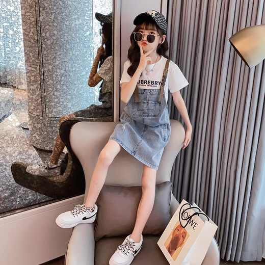 小咕嘟熊童装女童夏装牛仔背带裤裙套装短袖T恤儿童套装两件套女孩连衣裙 黑色 160