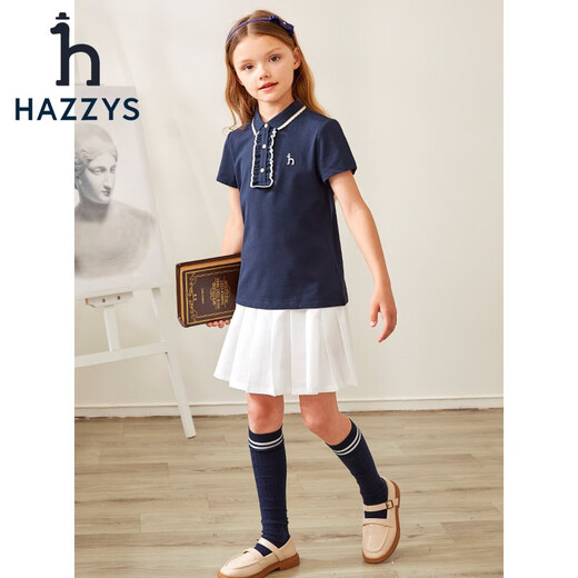 HAZZYS brand children's clothing for girls summer new style elastic breathable simple slimming classic lapel short-sleeved polo shirt navy 130