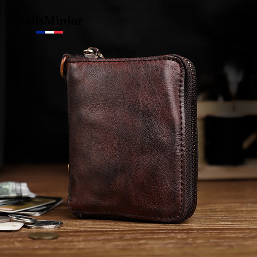 Rollsminjor echte Leder-Brieftasche Herren Kurzer vertikal handgefertigter Gemüse gebräunter Kopfschicht Cowide Retro Reißverschluss Brieftasche mittleren Alters und Jugend Geschenkbox Retro Black 9*2,5*12 cm