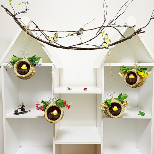 Bird's Nest Decoration Simulated Grass Woven Grass Nest Handmade Outdoor Bird House Outdoor Pendant Coconut Shell Bird's Nest Swallow's Nest (Small Size) Grass Bird's Nest + Bird Head 1 Bird Head Yan