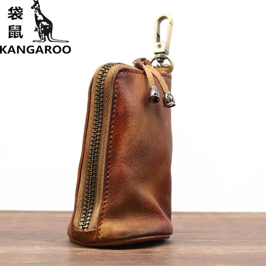 袋鼠（KANGAROO）精致新款头层牛皮复古做旧钥匙包男士大容量腰挂做旧牛皮钥匙包 黑色