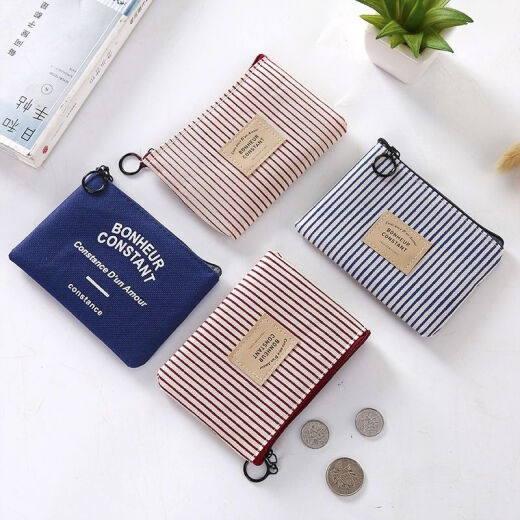 Qindu cute creative canvas striped art mini coin purse coin bag for male and female students zipper small wallet navy blue