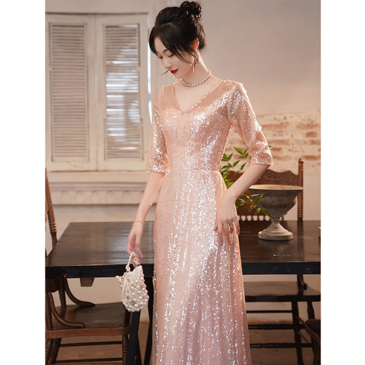 Seidler high-end evening dress 2024 new slim temperament sequin host performance banquet annual meeting nude pink L (recommended 106-115 Jin [Jin equals 0.5 kg])
