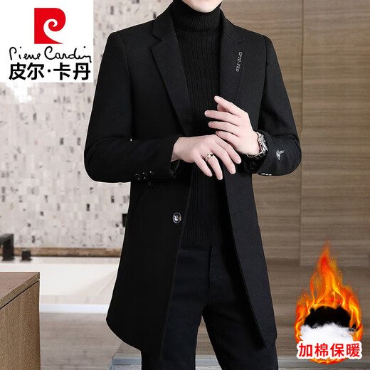 Pierre Cardin high-end brand woolen coat men's mid-length windbreaker winter thickened British high-end suit collar woolen coat 909 black cotton 3XL 161-175Jin Jin is equal to 0.5 kg