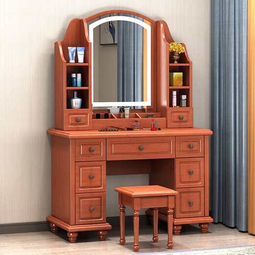 Shifuju-Schminktisch Leicht Luxus High-End American Massive Holz Schminktisch Massives Holz Schminktisch Schlafzimmer Europäische amerikanische Licht Luxus mit Licht 9930# mit leichter Begonie Farbe