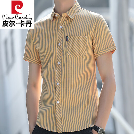 皮尔卡丹（pierre cardin）条纹衬衫男士短袖潮流休闲衬衣夏季男装半袖修身百搭口袋透气衬衫 838黄色 3XL 体重165斤内