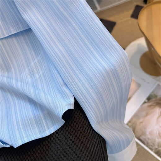 FSHE Xiaoxiangfeng blue striped long-sleeved shirt for women summer and autumn petite short chic shirt French polo collar top Main picture color M