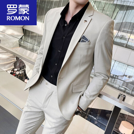 罗蒙（ROMON）春夏季修身西装两件套男结婚礼服薄款休闲西服套装男士商务正装潮 浅蓝色(两件套)衬衫，领带，领结 3XL 56