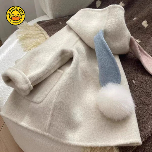 
G.DUCKKIDS Girl Thickened Warm Woolen Jacket Baby Winter Korean Style Fashionable and Cute Two-Color Rabbit Ear Hooded Woolen Coat Bei White 90