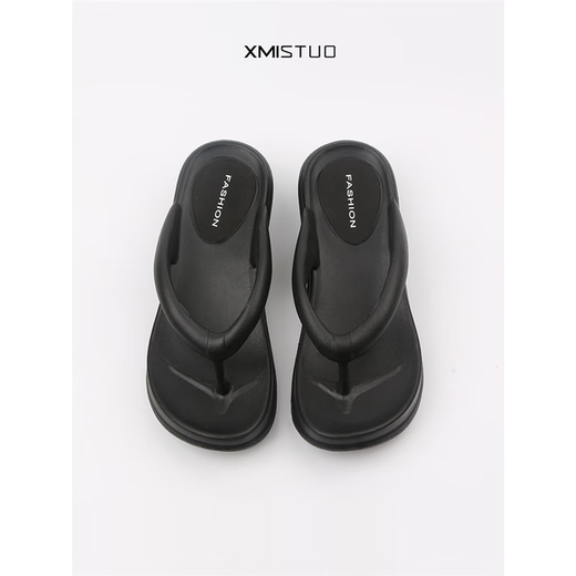 CUGGCK Japanese heel thick-soled flip flops for women in summer wear 2025 new fashionable non-slip simple foot-clip beach sandals 5012 black high-heel thick-soled flip flops 39/40