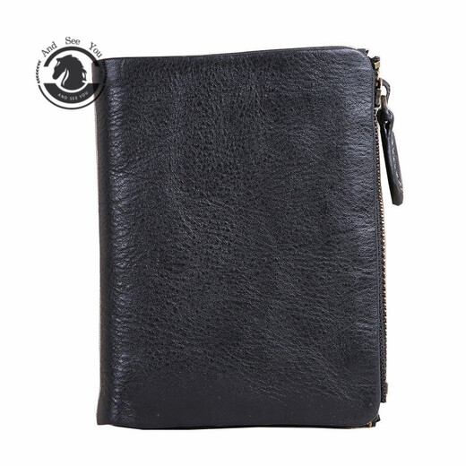 ANDSEEYOU brand genuine leather men's handbag, zipper short wallet, soft leather vertical leather clip, handmade first-layer cowhide wallet, black cowhide