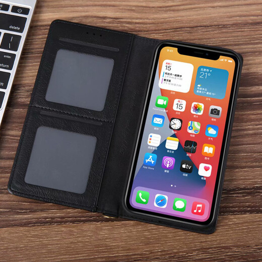 锦灏适用iPhone13pro max手机壳真皮翻盖插卡苹果12钱包保护套支架全包防摔 翻盖插卡支架黑色 iPhone 12 / 12Pro