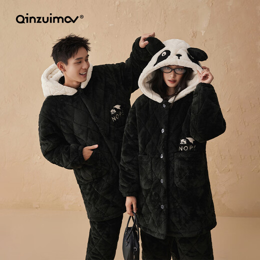 Kissing cat cartoon hooded warm velvet couple quilted pajamas for women winter three-layer thickened men's suit home clothes 188 jet black male L