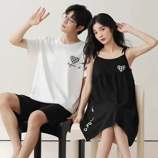 
Langsha (langsha) couple pajamas pure cotton suit summer short-sleeved suspender skirt cool thin style one man and one woman full cotton home clothing L9902 [high quality pure cotton] L men