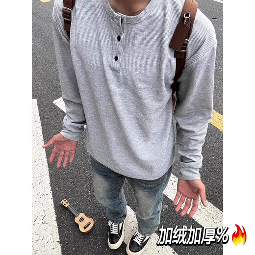 
Jian Xingheng black American Henry neck long-sleeved T-shirt men's spring waffle sweatshirt plus velvet thickened inner base shirt winter black plus velvet 1381 [High quality] L Recommended 100-120 Jin [Jin equals 0.5 kg]