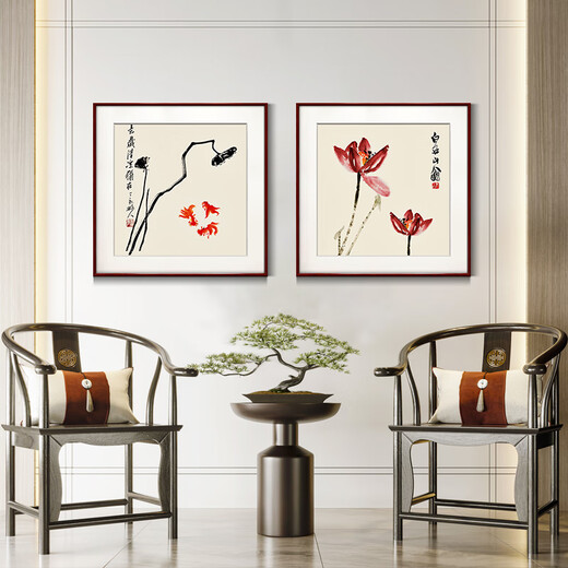 Zi Teng Suixuan Qi Baishi decorative painting new Chinese style living room background wall hanging painting bedroom dining room restaurant ink shrimp mural lotus A style 40*40cm mahogany color solid wood frame
