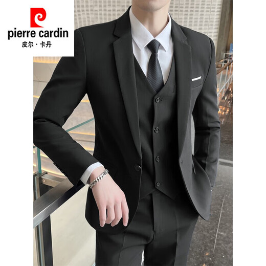 Pierre Cardin brand high-end men's suit business casual slim formal small suit young groom wedding dress trendy black single-piece suit XL (120-135Jin Jin equals 0.5kg to wear)