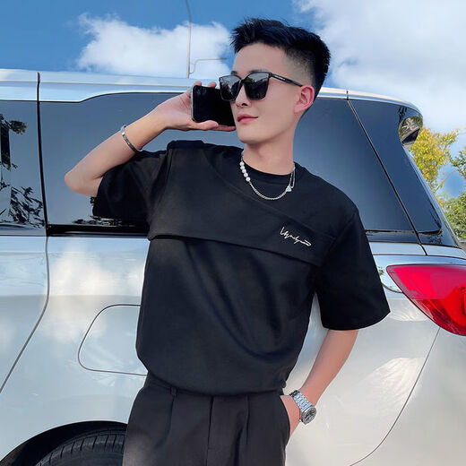 
Fini Dongjue Internet celebrity fake two-layer letter short-sleeved T-shirt male social spirit young man half-sleeved trendy handsome T-shirt summer top black [B1595-Holo] short T L recommended 95-115Jin [Jin equals 0.5 kg]