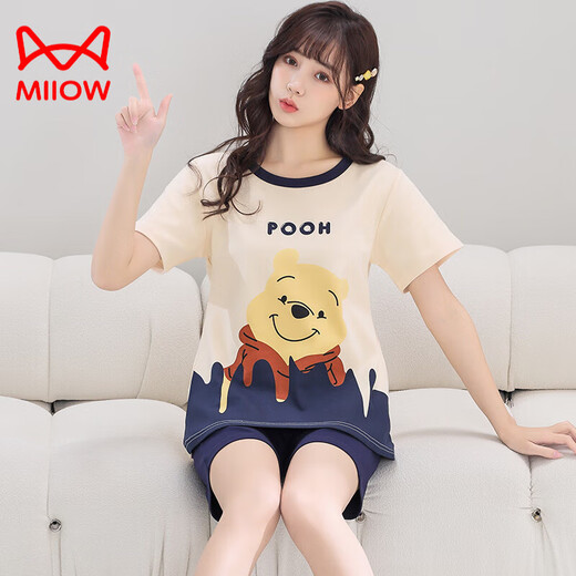 猫人（MiiOW）夏天女生纯·棉短袖睡衣甜美可爱初中生高中生大童女童家居服外穿 Q短1392格笑脸女 M码【70-90斤】