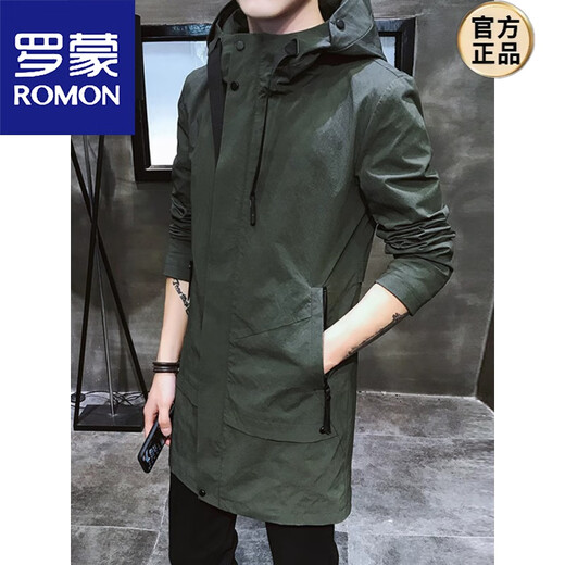 罗蒙（ROMON）军风衣男士中长款春秋款2025新款英伦痞帅修身双排扣大衣外套男款 军绿色 加棉 M 【建议90斤以内】