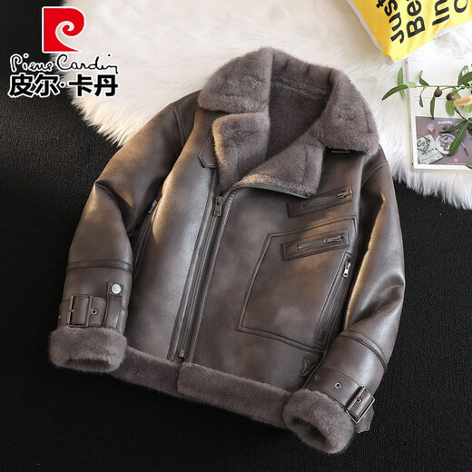 Pierre Cardin Genuine Leather Jacket Men's Sheep Fur One-piece Lamb Wool Men's Winter Thickened Warm Cotton Clothes Lamb's Wool Cotton Jacket Silver Blue Gray XL 135-145Jin Jin equals 0.5 kg