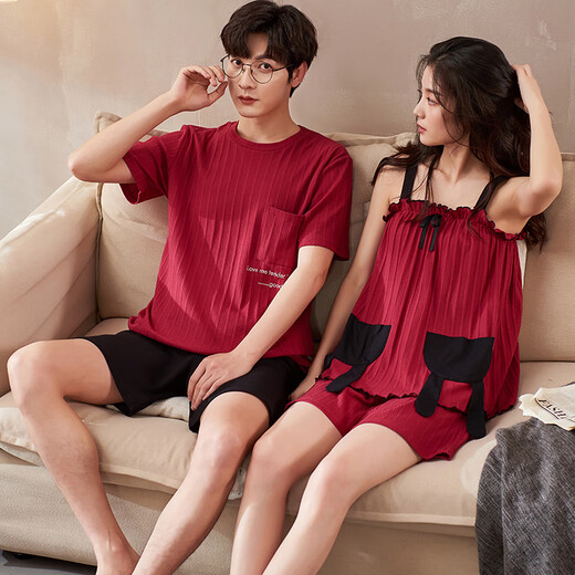 诗静雅 情侣睡衣女夏季纯棉薄款短袖家居服夏天时尚红色本命年结婚套装 CXH 12138吊带情侣 XL -女款