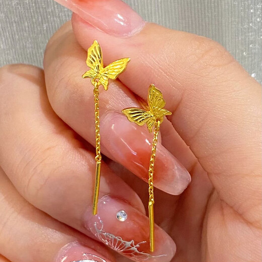Fat Donglai same style 18K tassel gold earrings new butterfly tassel earrings for women 999 pure gold smart fairy ears yellow l gold butterfly tassel earrings
