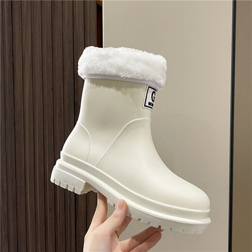 佰妮珂韩版时尚款雨鞋女外穿防滑雨靴厨房洗车防水胶鞋低筒加绒保暖水鞋 白色 38码 标准码数