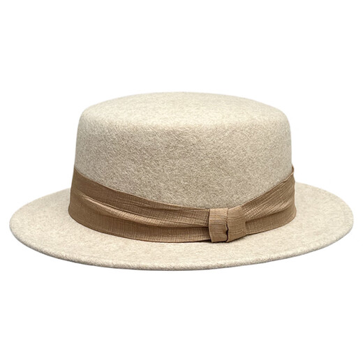 2024 Autumn and Winter New French Beige Flat Top Woolen Hat Women's Versatile Fashion British Retro Flat Brim Hat Mixed Beige Pleated Knot Patch YYK M (56-58cm)