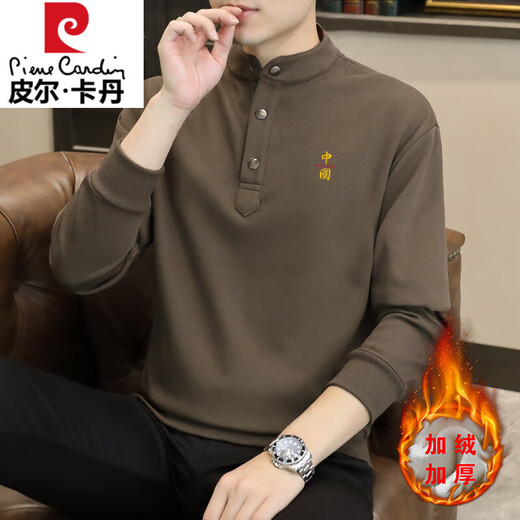 Pierre Cardin Henry Collar Sweatshirt Men's Stand Collar Spring Autumn Winter 2024 New Trendy Men's Bottoming Shirt Top Velvet Thick Long Sleeves WY2288 Chinese Coffee Velvet XL Recommended Weight 135-155Jin Jin is equal to 0.5 kg