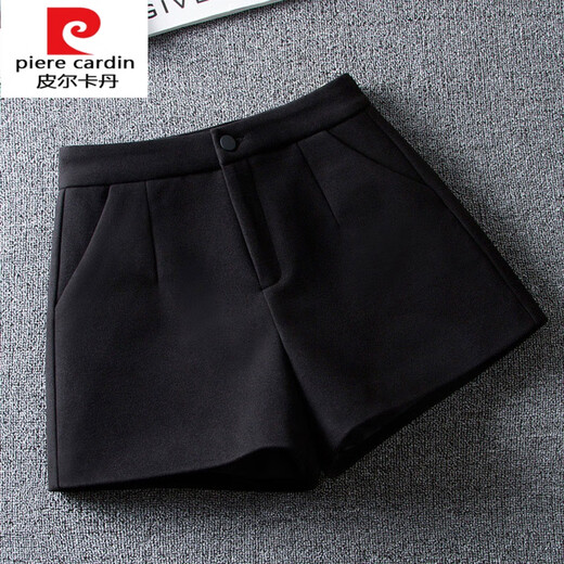 Pierre Cardin Knitted Black Shorts Women's Autumn and Winter 2025 New Woolen High Waisted A-Line Wide Legs Versatile Outerwear Woolen Boot Pants Black S 26