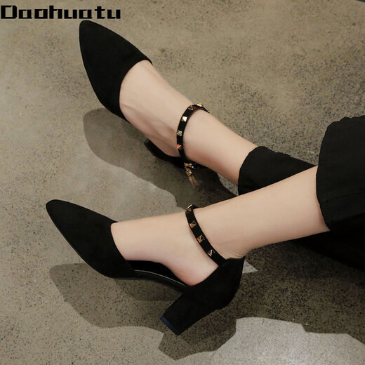 Daohuatu Large Size Baotou Sandals Women's Thick Heels 41-43 Fairy Style High Heels Pointed Toe Versatile Suede One-Buckle Women's Single Shoes Black Thick Heels Upgraded to Standard Size 34