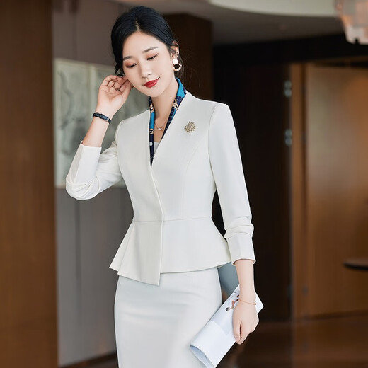 安依莲美容院工作服珠宝店西装套裙两件套春季职业装女人味西服工装制服 2987白色西装+653短群 2XL