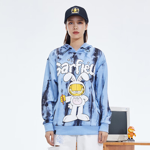 Fun trendy brand spring and autumn new tie-dyed Garfield and Rabbit print cartoon hooded sweatshirt women's casual unisex jacket daylight blue S/160
