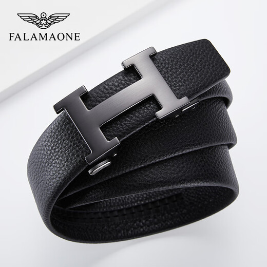 法莱阿玛尼（FALAMAONE）品牌皮带男牛皮自动扣腰带真皮商务高档裤带生日礼物送男友老公 百搭枪色/PD826Q【专柜礼盒】 110cm -140cm默认随机（可修剪）