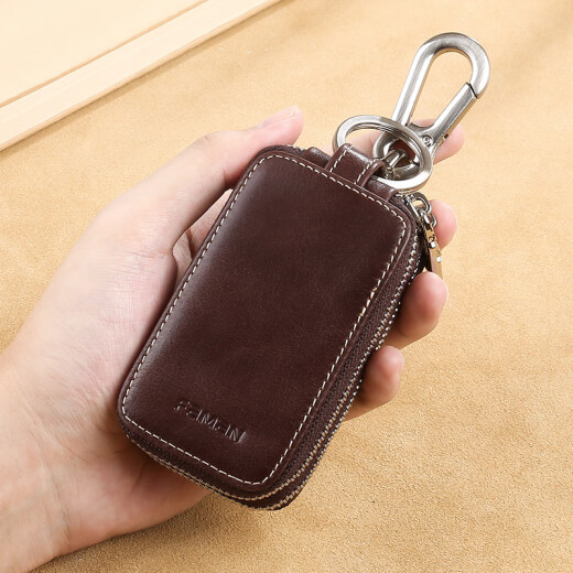 Bolsa de llave de automóvil de Feiman para cuero multifuncional para hombres gran capacidad para el hogar Key General Cover Copia de doble cintura colgante Coffee oscuro para hombres Color