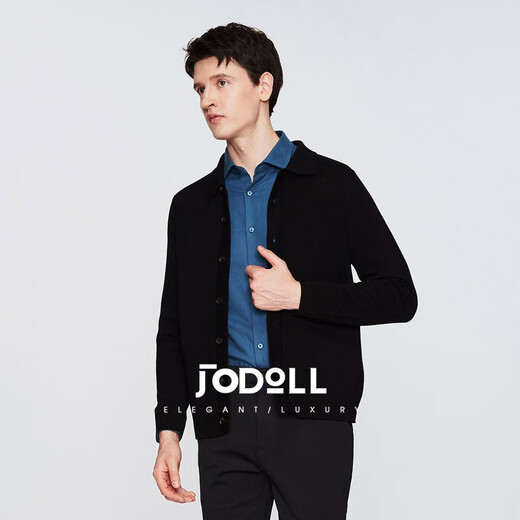 JODOLL乔顿【100%绵羊毛】开衫外套春季简约休闲柔软舒适翻领羊毛衫男 炭黑色 L 50