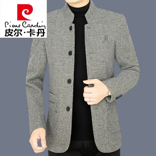 Pierre cardin spring and autumn short thickened wool woolen coat men's coat middle-aged dad business casual top Korean knitted dark gray 185/XXL
